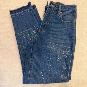 Lucky Brand Drew Mom High Rise Taper Jeans Bandana Print Frayed Hem 25
